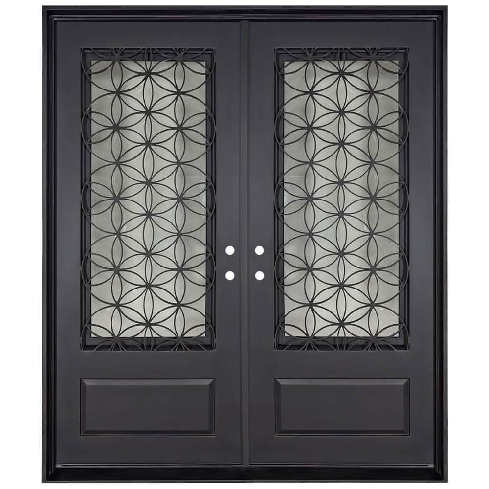 Woodstock black exterior metal double flat top swing door with glass.