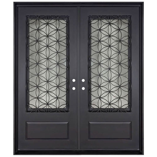 Double entryway doors with a 3/4 glass panel behind intricate iron detailing. Doors are made of iron and steel and are thermally broken to protect from extreme weather.