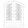 Double entryway doors with a 3/4 glass panel behind intricate iron detailing and a slight arch on top. Doors are made of iron and steel and are thermally broken to protect from extreme weather.