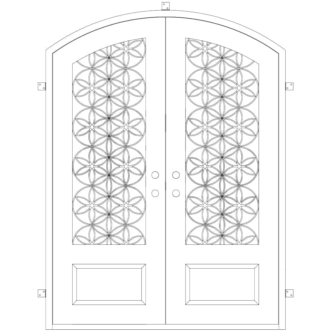 Double entryway doors with a 3/4 glass panel behind intricate iron detailing and a slight arch on top. Doors are made of iron and steel and are thermally broken to protect from extreme weather.