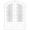 Double entryway doors with a 3/4 glass panel behind intricate iron detailing and a slight arch on top. Doors are made of iron and steel and are thermally broken to protect from extreme weather.