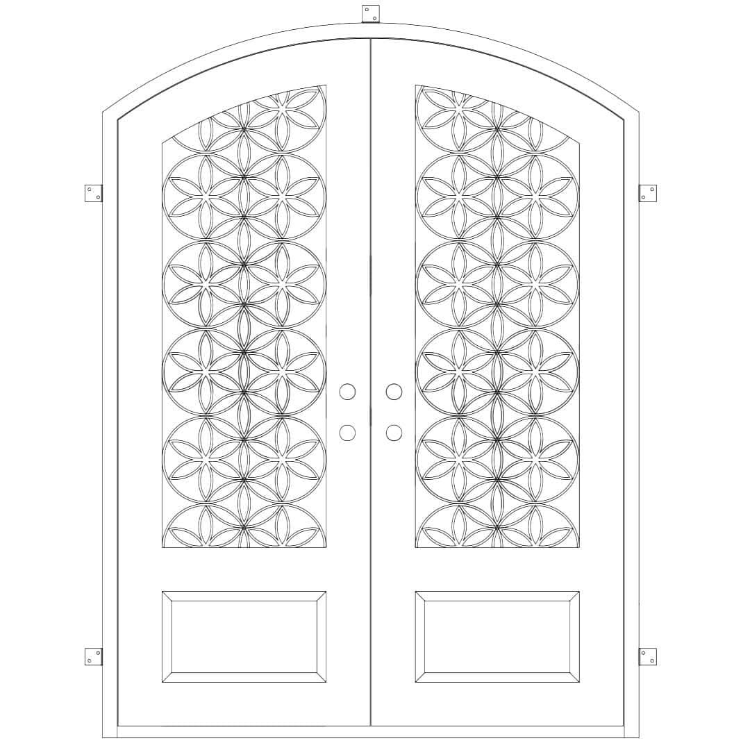 Woodstock double iron door in bronze tone with glass windows and arched style.