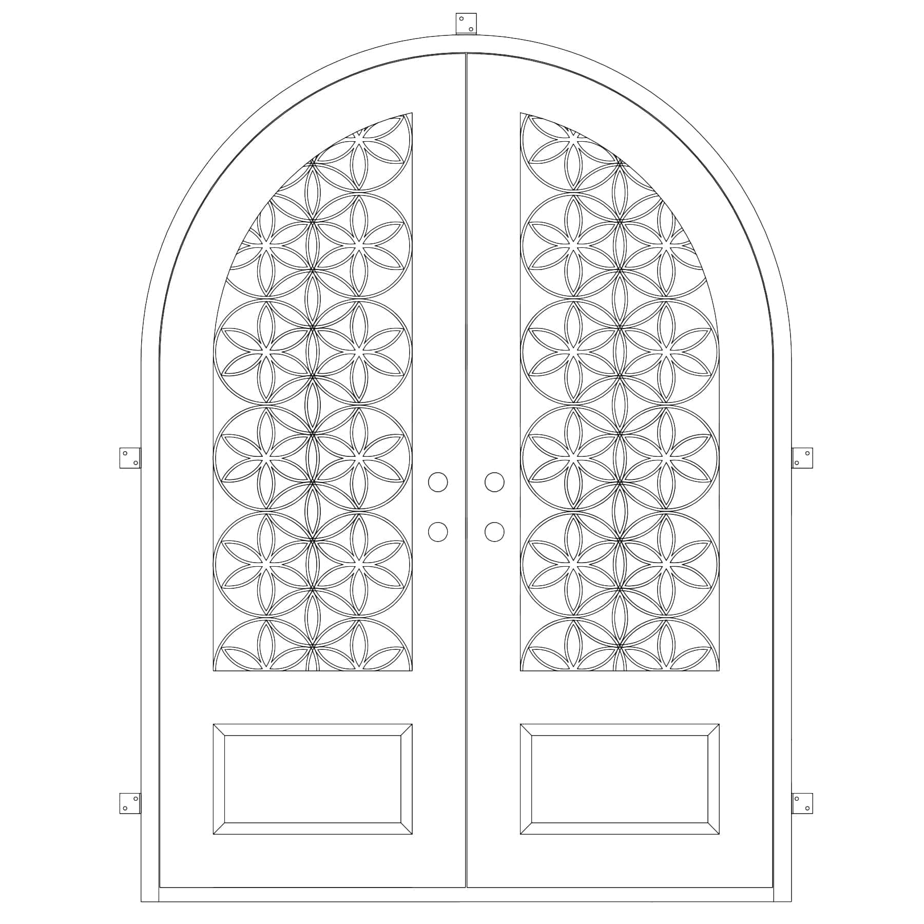 Double entryway doors with a 3/4 glass panel behind intricate iron detailing and a full arch on top. Doors are made of iron and steel and are thermally broken to protect from extreme weather.