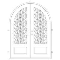 Double entryway doors with a 3/4 glass panel behind intricate iron detailing and a full arch on top. Doors are made of iron and steel and are thermally broken to protect from extreme weather.