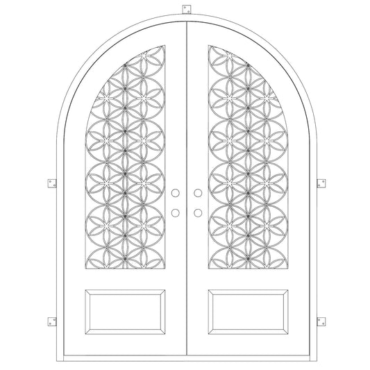 Double entryway doors with a 3/4 glass panel behind intricate iron detailing and a full arch on top. Doors are made of iron and steel and are thermally broken to protect from extreme weather.