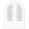 Double entryway doors with a 3/4 glass panel behind intricate iron detailing and a full arch on top. Doors are made of iron and steel and are thermally broken to protect from extreme weather.