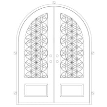 Load image into Gallery viewer, Double entryway doors with a 3/4 glass panel behind intricate iron detailing and a full arch on top. Doors are made of iron and steel and are thermally broken to protect from extreme weather.