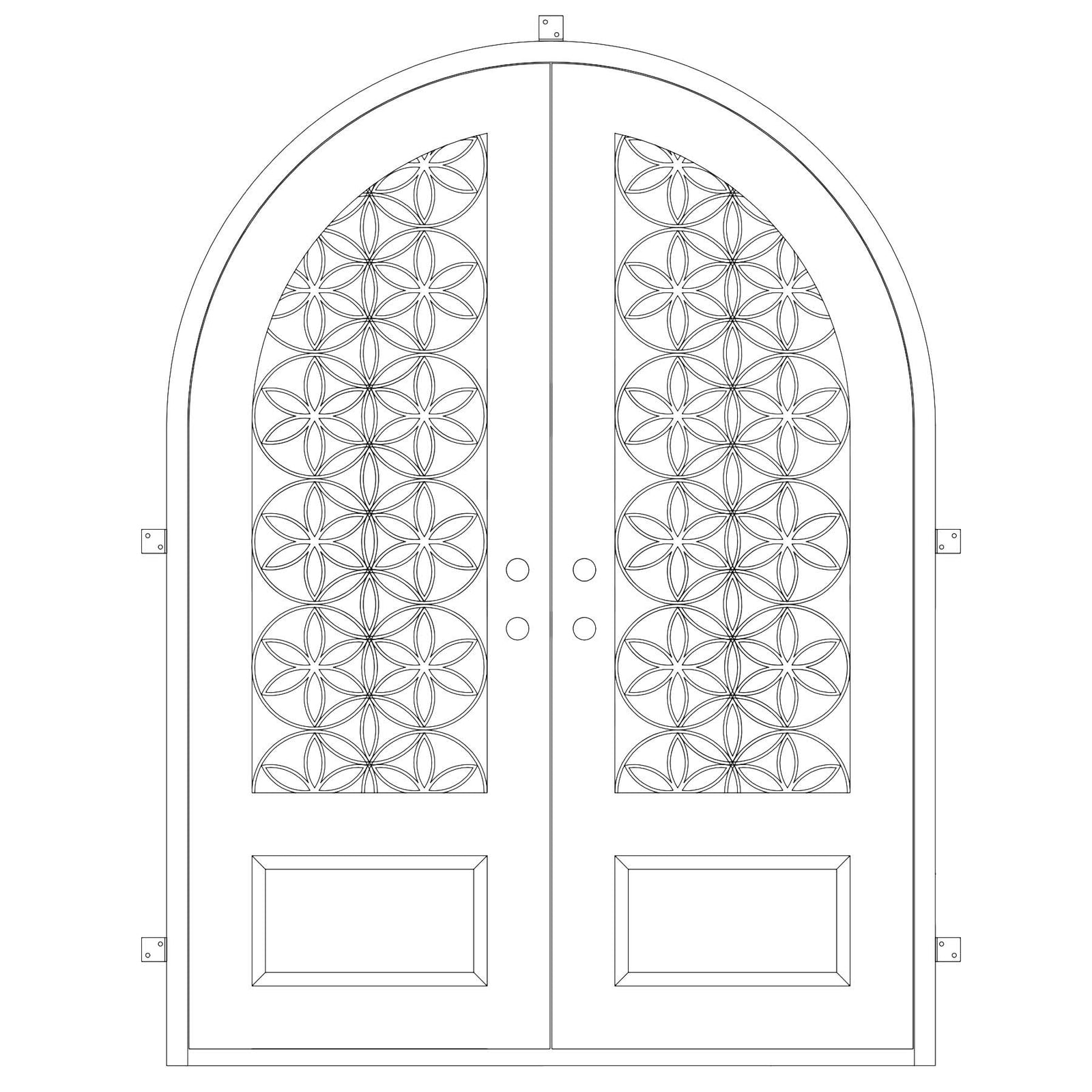 Woodstock double full arch top front door with hand forged metalwork and glass.