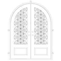 Double entryway doors with a panel of glass behind iron detailing.