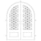 Double entryway doors with a 3/4 glass panel behind intricate iron detailing and a full arch on top. Doors are made of iron and steel and are thermally broken to protect from extreme weather.