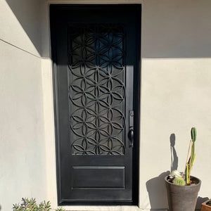 Single entryway door with a 3/4 glass panel behind intricate iron detailing. Door is made of iron and steel and is thermally broken to protect from extreme weather.