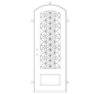 Single entryway door with a 3/4 glass panel behind intricate iron detailing and a slight arch on top. Door is made of iron and steel and is thermally broken to protect from extreme weather.