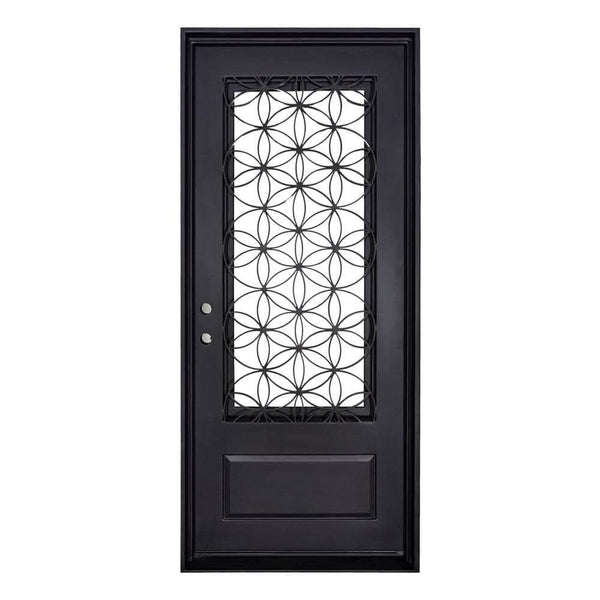 Woodstock Black cold rolled metal single flat top entry door with glass center.