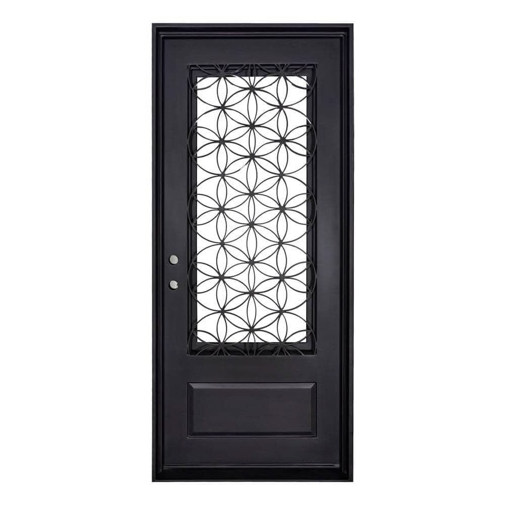 Woodstock single flat door thermally broken with metal scrollwork in bronze color.