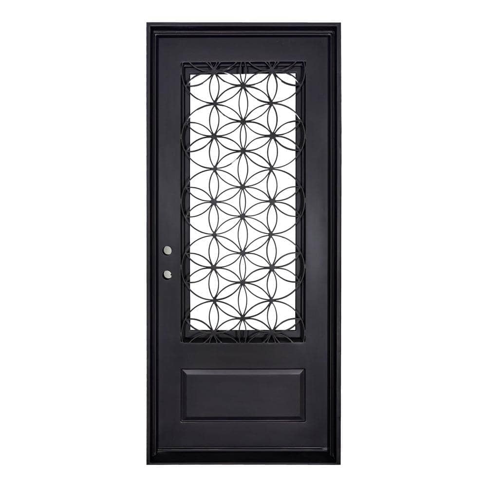 Single entryway door with a 3/4 glass panel behind intricate iron detailing. Door is made of iron and steel and is thermally broken to protect from extreme weather.