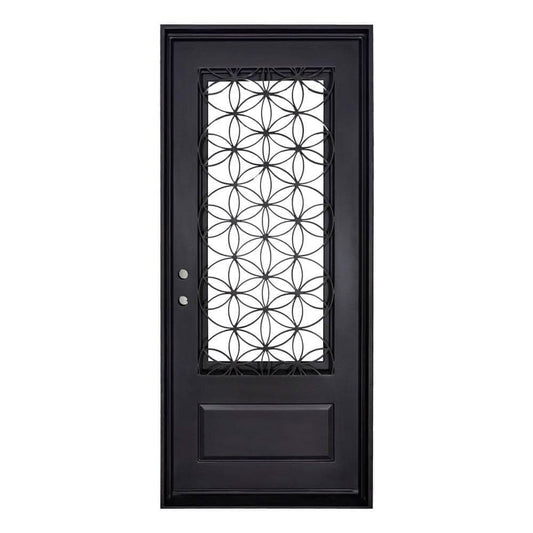 Single entryway door with a 3/4 glass panel behind intricate iron detailing. Door is made of iron and steel and is thermally broken to protect from extreme weather.