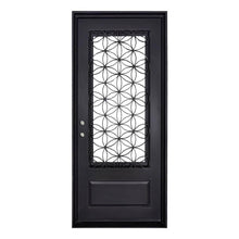 Load image into Gallery viewer, Single entryway door with a 3/4 glass panel behind intricate iron detailing. Door is made of iron and steel and is thermally broken to protect from extreme weather.