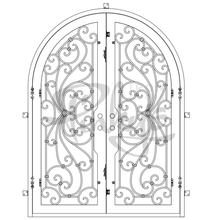 Load image into Gallery viewer, Double entryway doors with a thick iron and steel frame and a full pane of glass behind intricate iron detailing.