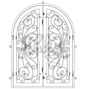 Double entryway doors with a thick iron and steel frame and a full pane of glass behind intricate iron detailing.