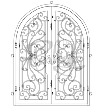 Load image into Gallery viewer, Double entryway doors with a thick iron and steel frame and a full pane of glass on each door behind intricate iron detailing. Doors have a full arch and are thermally broken to protect from extreme weather. 
