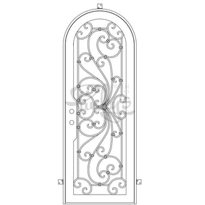 Single entryway door with a thick iron and steel frame and a full pane of glass behind intricate iron detailing.