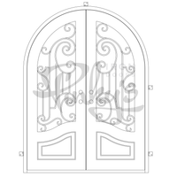 Double entryway doors made with a thick iron frame. Doors feature 3/4 glass panels behind intricate iron designs and are thermally broken to protect from extreme weather.
