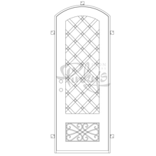 Load image into Gallery viewer, Single entryway door with a thick iron and steel frame and a full pane of glass behind intricate iron detailing.