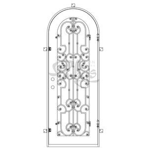 Single entryway door with a panel of glass behind iron detailing.