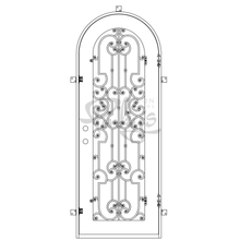 Load image into Gallery viewer, Single entryway door with a 3/4 glass panel behind intricate iron detailing and a full arch on top. Door is made of iron and steel and is thermally broken to protect from extreme weather.