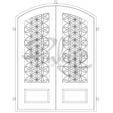 Load image into Gallery viewer, Double entryway doors with a 3/4 glass panel behind intricate iron detailing and a slight arch on top. Doors are made of iron and steel and are thermally broken to protect from extreme weather.