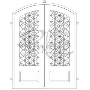 Double entryway doors with a 3/4 glass panel behind intricate iron detailing and a slight arch on top. Doors are made of iron and steel and are thermally broken to protect from extreme weather.