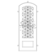 Load image into Gallery viewer, Single entryway door with a 3/4 glass panel behind intricate iron detailing and a slight arch on top. Door is made of iron and steel and is thermally broken to protect from extreme weather.