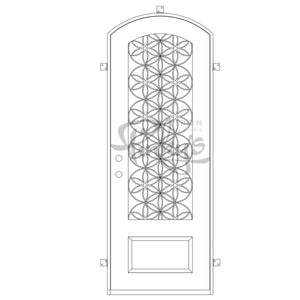 Single entryway door with a 3/4 glass panel behind intricate iron detailing and a slight arch on top. Door is made of iron and steel and is thermally broken to protect from extreme weather.