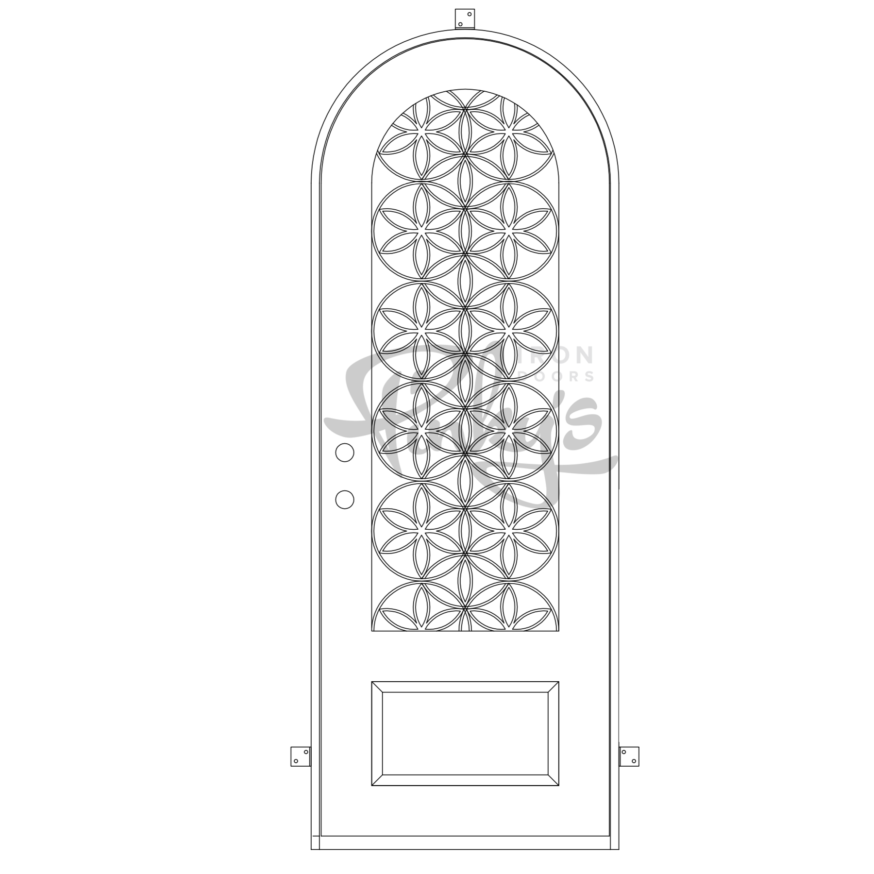 Single entryway door with a 3/4 glass panel behind intricate iron detailing and a full arch on top. Door is made of iron and steel and is thermally broken to protect from extreme weather.