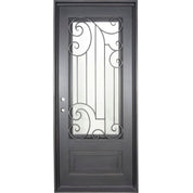 Piano Black iron single flat top door with double-pane tempered glass panel.