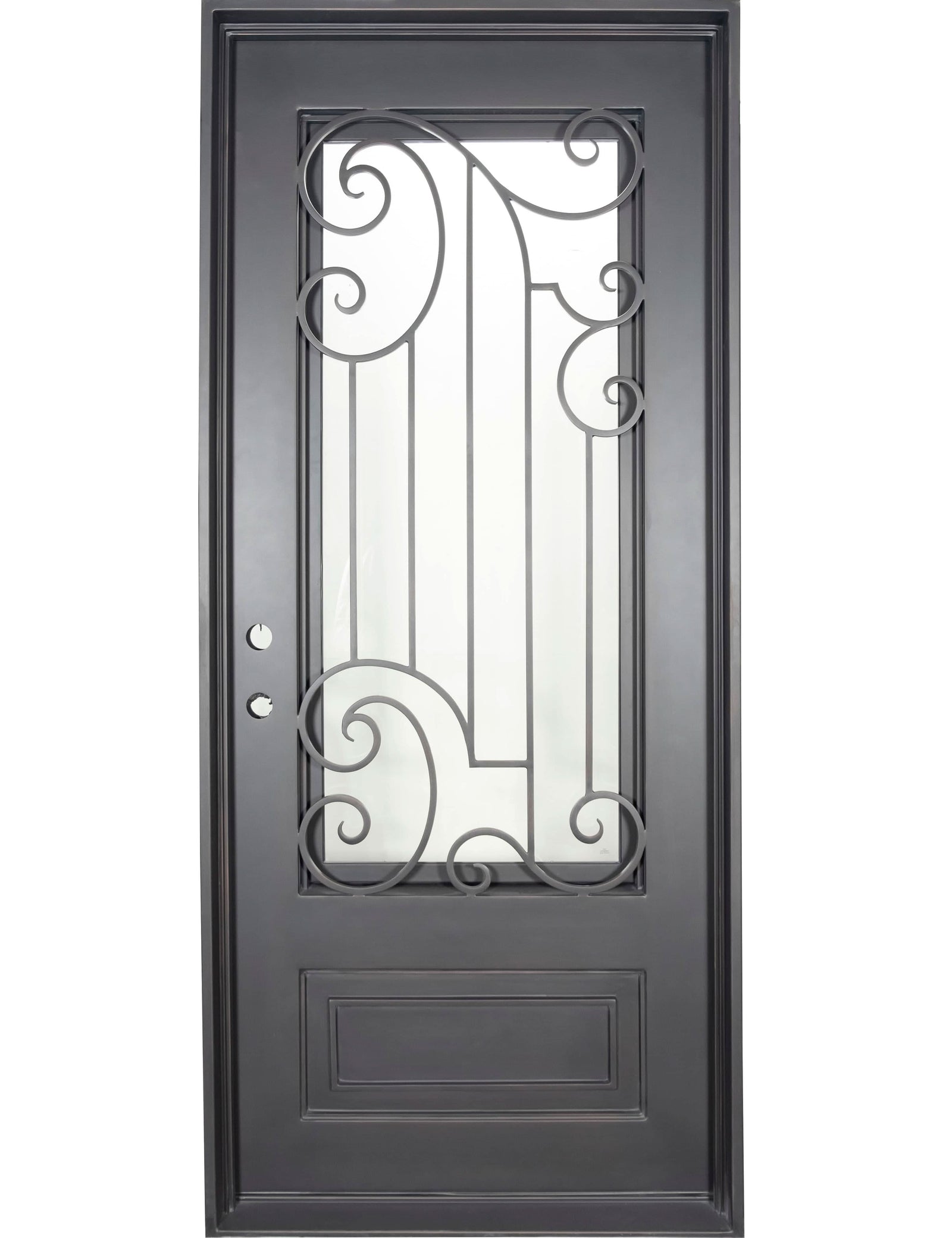 Piano Black iron single flat top door with double-pane tempered glass panel.