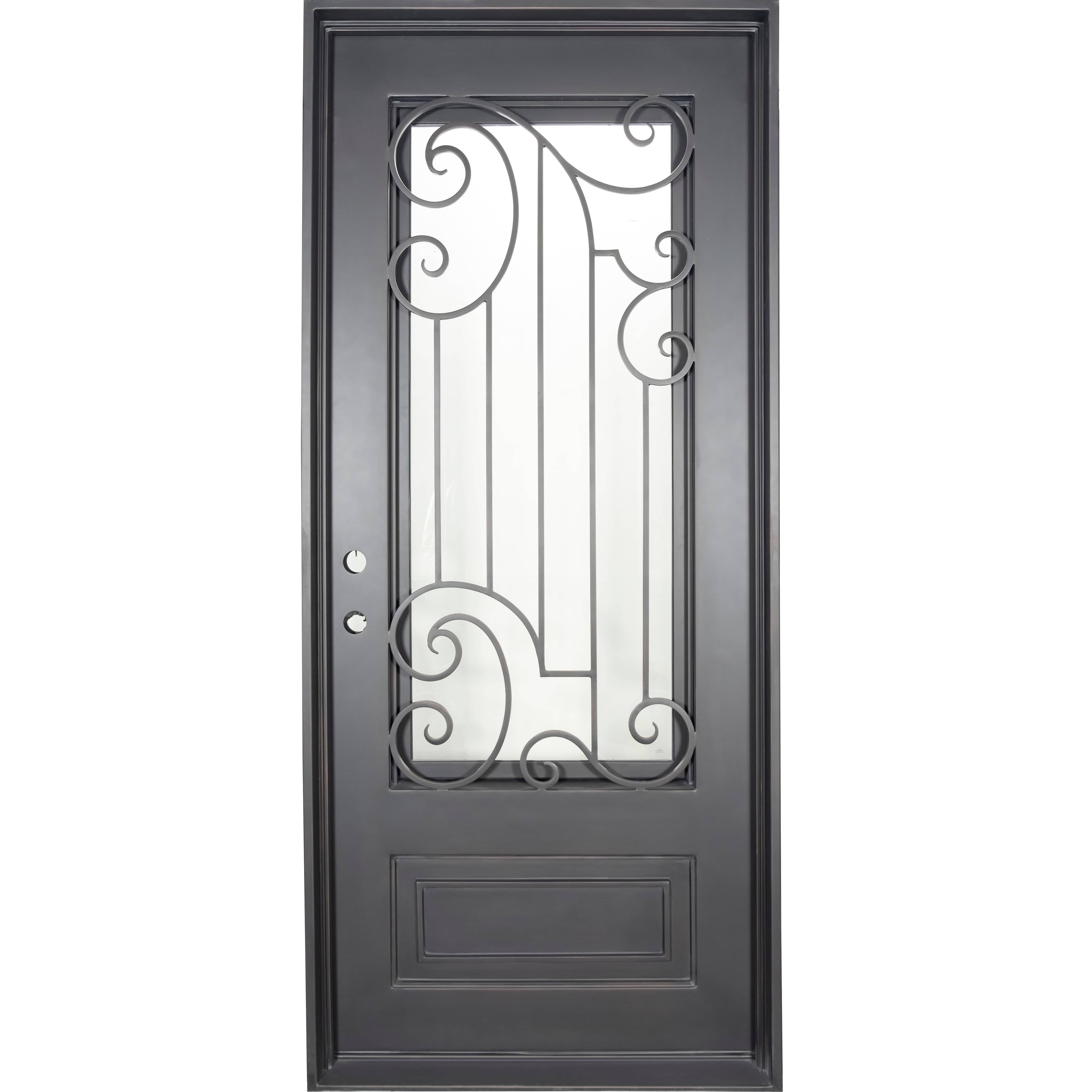 Single entryway door with a full length pane of glass behind intricate iron detailing and a thick iron frame. Door is thermally broken to protect from extreme weather.