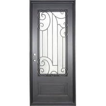 Load image into Gallery viewer, Single entryway door with a full length pane of glass behind intricate iron detailing and a thick iron frame. Door is thermally broken to protect from extreme weather.