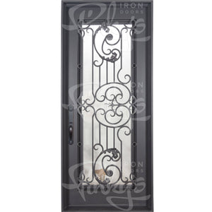 Single entryway door with a thick iron and steel frame and a full pane of glass behind intricate iron detailing. Door is thermally broken to protect from extreme weather. 