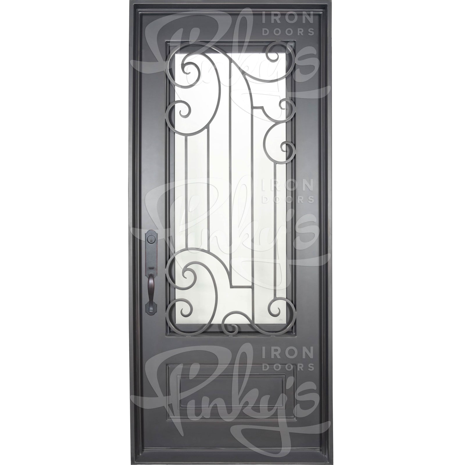 Piano thermally broken single flat metal entry door in bronze color.