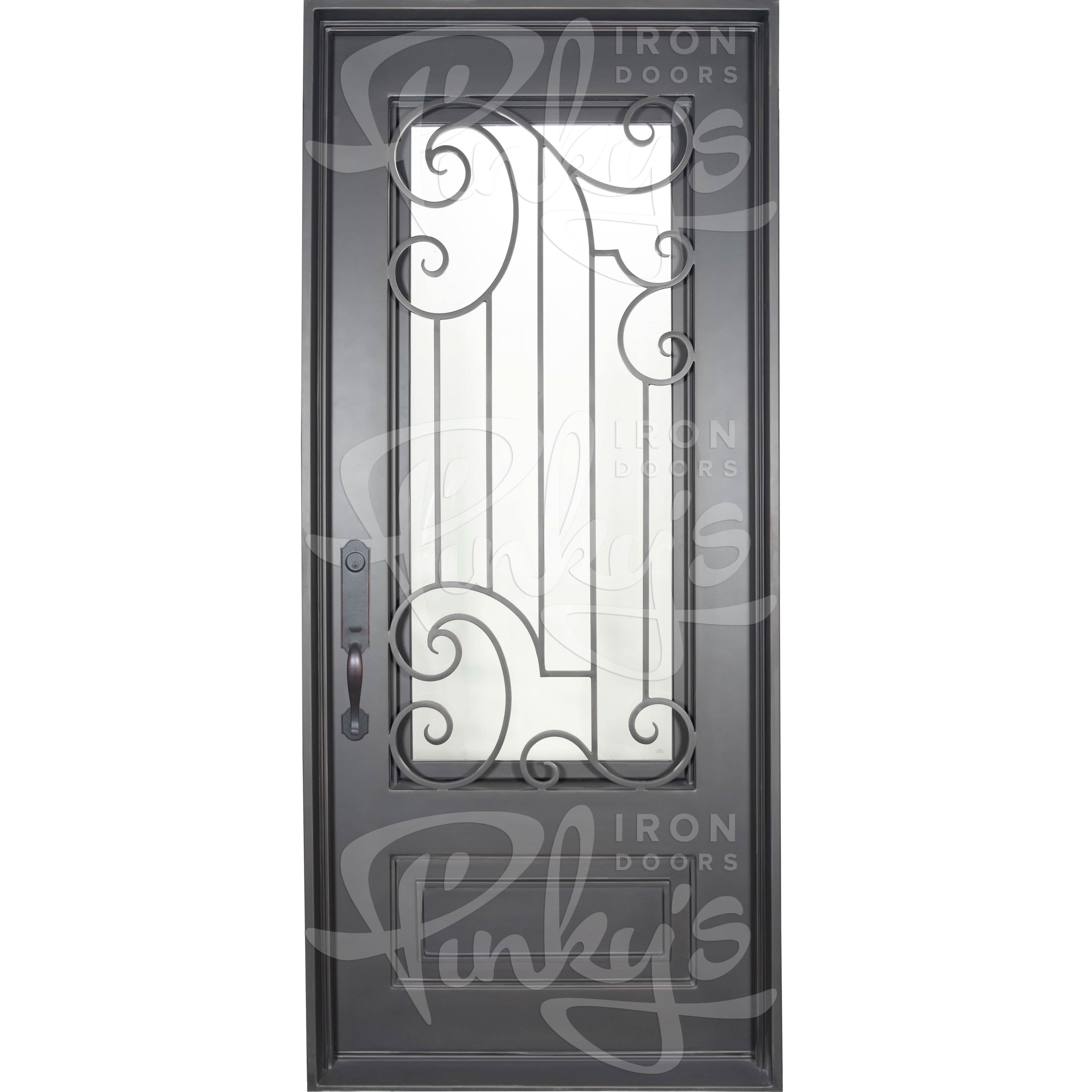 Piano thermally broken single flat metal entry door in bronze color.