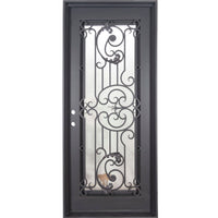 Single entryway door with a thick iron and steel frame and a full pane of glass behind intricate iron detailing. Door is thermally broken to protect from extreme weather. 