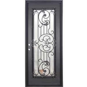 Single entryway door with a thick iron and steel frame and a full pane of glass behind intricate iron detailing. Door is thermally broken to protect from extreme weather. 