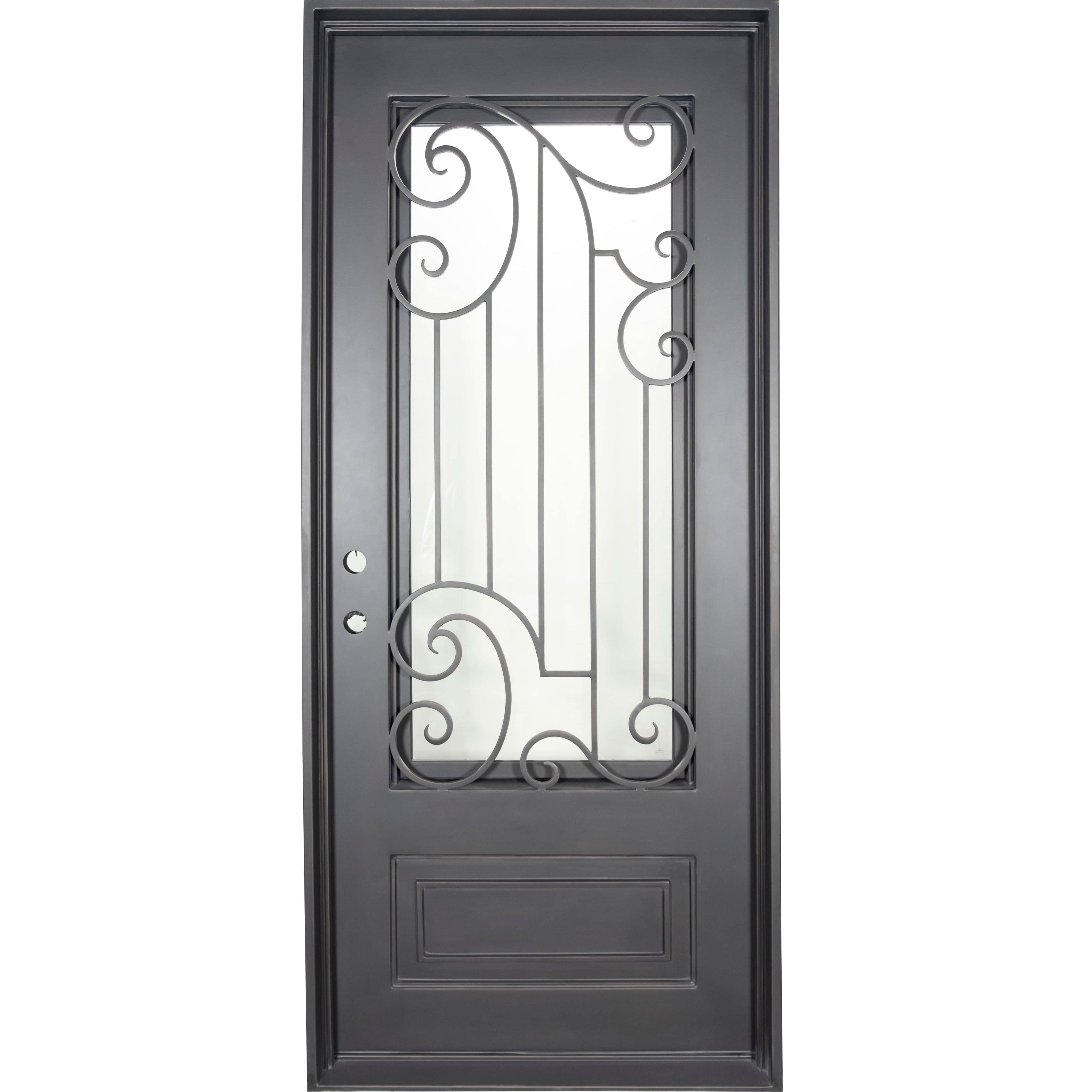 Piano single flat entry door with thermal break and decorative ironwork.