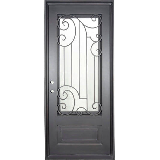 Single entryway door with a thick iron and steel frame and a full pane of glass behind intricate iron detailing.