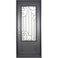 Single entryway door with a thick iron and steel frame and a full pane of glass behind intricate iron detailing.