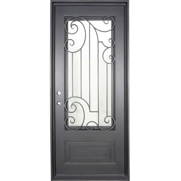 Piano single flat entry door with thermal break and decorative ironwork.