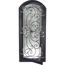 Load image into Gallery viewer, Single entryway door with a thick iron and steel frame and a full pane of glass behind intricate iron detailing.