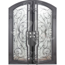 Load image into Gallery viewer, Double entryway doors with a thick iron and steel frame and a full pane of glass behind intricate iron detailing.