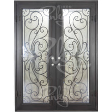 Load image into Gallery viewer, Double entryway doors with a thick iron and steel frame and a full pane of glass behind intricate iron detailing.